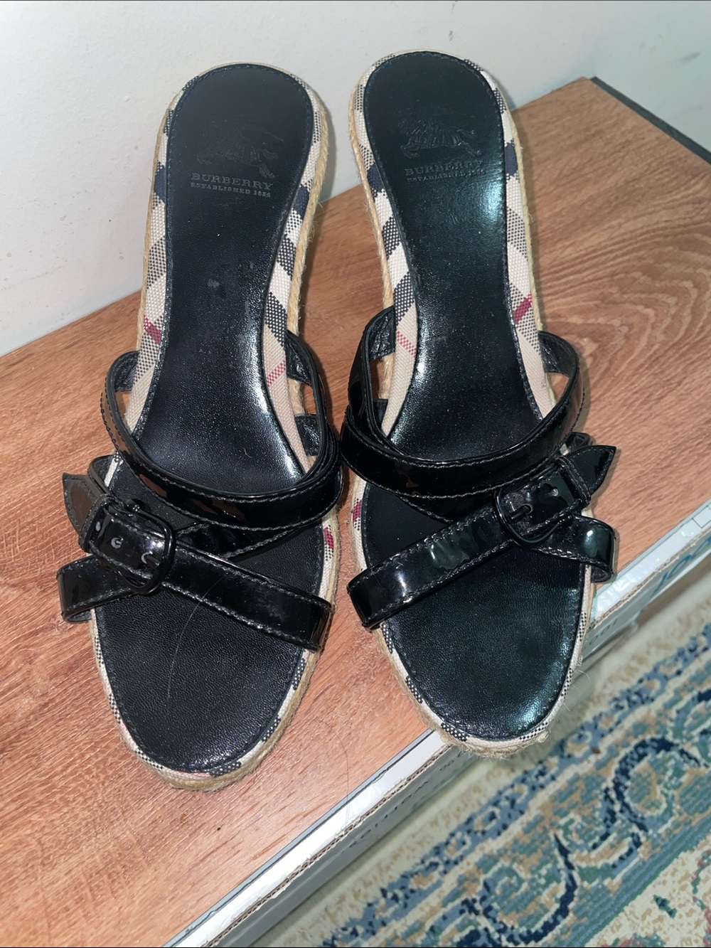 Burberry Black Patent Leather Check-Trim Slide Mules